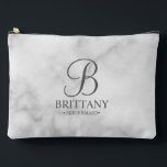 Personalized Bridesmaid's Name and Monogram Accessory Pouch<br><div class="desc">Elegant Black and White Personalized Bridesmaid Gifts
featuring personalized monogram in grey elegant script font style with bridesmaid's name and title in classic serif font style on white marble background.

Also perfect for maid of honour,  flower girl,  mother of the bride and more.</div>