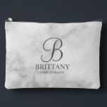Personalized Bridesmaid's Name and Monogram Accessory Pouch<br><div class="desc">Elegant Black and White Personalized Bridesmaid Gifts
featuring personalized monogram in grey elegant script font style with bridesmaid's name and title in classic serif font style on white marble background.

Also perfect for maid of honour,  flower girl,  mother of the bride and more.</div>