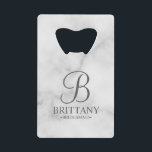 Personalized Bridesmaid's Name and Monogram Credit Card Bottle Opener<br><div class="desc">Elegant Personalized Bridesmaid Gifts featuring personalized monogram in grey elegant script font style with bridesmaid's name and title in classic serif font style on white mrble background. Also perfect for maid of honour, mother of the bride and more. Please note: The marble details are simulated in the artwork. No actual...</div>