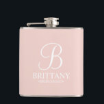 Personalized Bridesmaid's Name and Monogram Hip Flask<br><div class="desc">Elegant Personalized Bridesmaid Gifts
featuring personalized monogram in white elegant script font style with bridesmaid's name and title in classic serif font style on blush pink background.

Also perfect for maid of honour,  flower girl,  mother of the bride and more.</div>