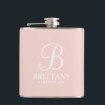 Personalized Bridesmaid's Name and Monogram Hip Flask<br><div class="desc">Elegant Personalized Bridesmaid Gifts
featuring personalized monogram in white elegant script font style with bridesmaid's name and title in classic serif font style on blush pink background.

Also perfect for maid of honour,  flower girl,  mother of the bride and more.</div>