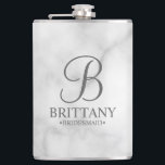 Personalized Bridesmaid's Name and Monogram Hip Flask<br><div class="desc">Elegant Personalized Bridesmaid Gifts
featuring personalized monogram in grey elegant script font style with bridesmaid's name and title in classic serif font style on white marble background.

Also perfect for maid of honour,  mother of the bride and more.</div>