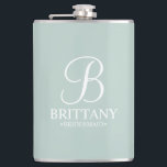 Personalized Bridesmaid's Name and Monogram Hip Flask<br><div class="desc">Elegant Personalized Bridesmaid Gifts
featuring personalized monogram in white elegant script font style with bridesmaid's name and title in classic serif font style on sage green background.

Also perfect for maid of honour,  mother of the bride and more.</div>