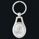 Personalized Bridesmaid's Name and Monogram Keychain<br><div class="desc">Elegant Personalized Bridesmaid Gifts featuring personalized monogram in grey elegant script font style with bridesmaid's name and title in classic serif font style on white marble background. Also perfect for groomsmen, best man, father of the bride, maid of honour, flower girl, mother of the bride and more. Please note: The...</div>