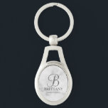 Personalized Bridesmaid's Name and Monogram Keychain<br><div class="desc">Elegant Personalized Bridesmaid Gifts featuring personalized monogram in grey elegant script font style with bridesmaid's name and title in classic serif font style on white marble background. Also perfect for groomsmen, best man, father of the bride, maid of honour, flower girl, mother of the bride and more. Please note: The...</div>