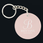 Personalized Bridesmaid's Name and Monogram Keychain<br><div class="desc">Elegant Personalized Bridesmaid Gifts
featuring personalized monogram in white elegant script font style with bridesmaid's name and title in classic serif font style on blush pink background.

Also perfect for maid of honour,  flower girl,  mother of the bride and more.</div>