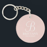 Personalized Bridesmaid's Name and Monogram Keychain<br><div class="desc">Elegant Personalized Bridesmaid Gifts
featuring personalized monogram in white elegant script font style with bridesmaid's name and title in classic serif font style on blush pink background.

Also perfect for maid of honour,  flower girl,  mother of the bride and more.</div>