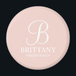 Personalized Bridesmaid's Name and Monogram Magnet<br><div class="desc">Elegant Black and White Personalized Bridesmaid Gifts
featuring personalized monogram in white elegant script font style with bridesmaid's name and title in classic serif font style on blush pink background.

Also perfect for maid of honour,  flower girl,  mother of the bride and more.</div>