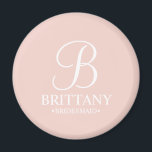Personalized Bridesmaid's Name and Monogram Magnet<br><div class="desc">Elegant Black and White Personalized Bridesmaid Gifts
featuring personalized monogram in white elegant script font style with bridesmaid's name and title in classic serif font style on blush pink background.

Also perfect for maid of honour,  flower girl,  mother of the bride and more.</div>