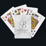 Personalized Bridesmaid's Name and Monogram Playing Cards<br><div class="desc">Elegant Personalized Bridesmaid Gifts
featuring personalized monogram in grey elegant script font style with bridesmaid's name and title in classic serif font style on white marble background.

Also perfect for maid of honour,  flower girl,  mother of the bride and more.</div>