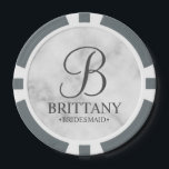 Personalized Bridesmaid's Name and Monogram Poker Chips<br><div class="desc">Elegant Personalized Bridesmaid Gifts featuring personalized monogram in grey elegant script font style with bridesmaid's name and title in classic serif font style on white marble background. Also perfect for groomsmen, best man, father of the bride, maid of honour, flower girl, mother of the bride and more. Please note: The...</div>