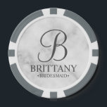 Personalized Bridesmaid's Name and Monogram Poker Chips<br><div class="desc">Elegant Personalized Bridesmaid Gifts featuring personalized monogram in grey elegant script font style with bridesmaid's name and title in classic serif font style on white marble background. Also perfect for groomsmen, best man, father of the bride, maid of honour, flower girl, mother of the bride and more. Please note: The...</div>