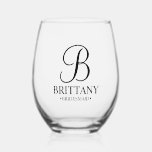 Personalized Bridesmaid's Name and Monogram Stemless Wine Glass<br><div class="desc">Elegant Personalized Bridesmaid Gifts
featuring personalized monogram in black elegant script font style with bridesmaid's name and title in classic serif font style.

Also perfect for groomsmen,  best man,  father of the bride,  maid of honour,  flower girl,  mother of the bride and more.</div>