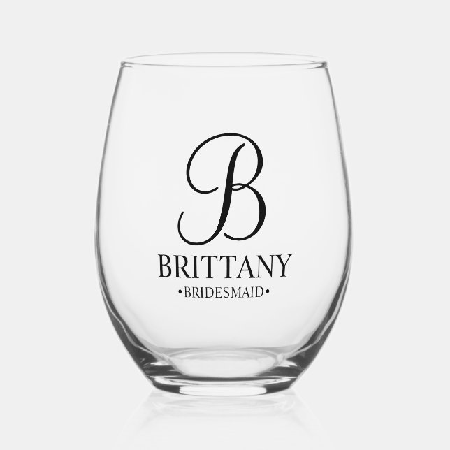 Personalized Bridesmaid's Name and Monogram Stemless Wine Glass (Front)