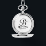 Personalized Bridesmaid's Name and Monogram Watch<br><div class="desc">Elegant Personalized Bridesmaid Gifts
featuring personalized monogram in black elegant script font style with bridesmaid's name and title in classic serif font style on white background.

Also perfect for groomsmen,  best man,  father of the bride,  maid of honour,  flower girl,  mother of the bride and more.</div>