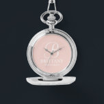 Personalized Bridesmaid's Name and Monogram Watch<br><div class="desc">Elegant Personalized Bridesmaid Gifts
featuring personalized monogram in white elegant script font style with bridesmaid's name and title in classic serif font style on blush pink background.

Also perfect for maid of honour,  mother of the bride and more.</div>