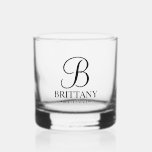 Personalized Bridesmaid's Name and Monogram Whiskey Glass<br><div class="desc">Elegant Personalized Bridesmaid Gifts
featuring personalized monogram in black elegant script font style with bridesmaid's name and title in classic serif font style.

Also perfect for groomsmen,  best man,  father of the bride,  maid of honour,  flower girl,  mother of the bride and more.</div>
