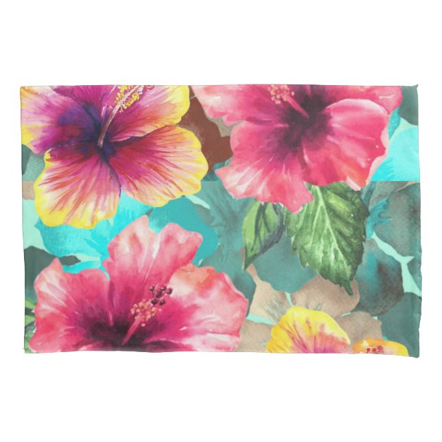 personalized bright and colourful hibiscus floral pillowcase (Front)