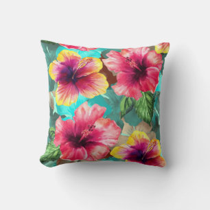 personalized bright and colourful hibiscus floral throw pillow