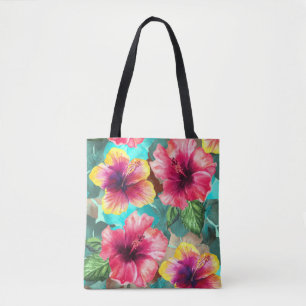 personalized bright and colourful hibiscus floral tote bag