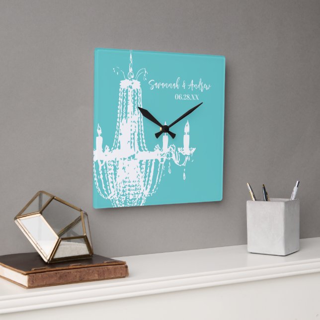 Personalized Bright Aqua Chandelier or Any Colour Square Wall Clock (Office)