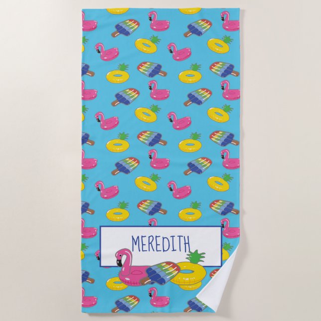Personalized Bright Blue Pool Floats Patterned Beach Towel (Front)