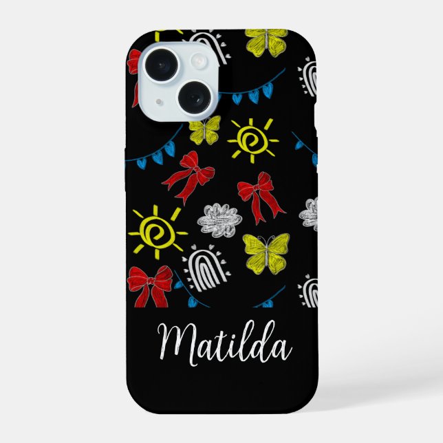 Personalized Bright Butterfly & Sunshine Pattern iPhone 15 Case (Back)