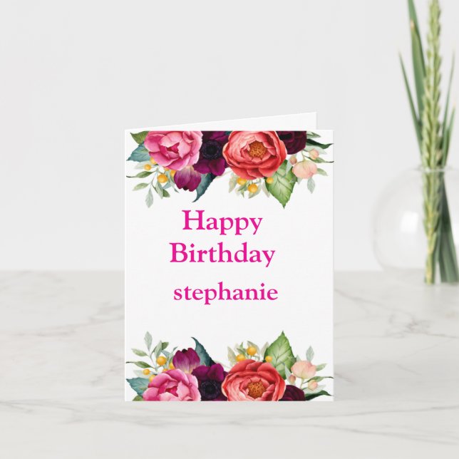 Personalized Bright Coloured Pink Roses Birthday Card (Front)
