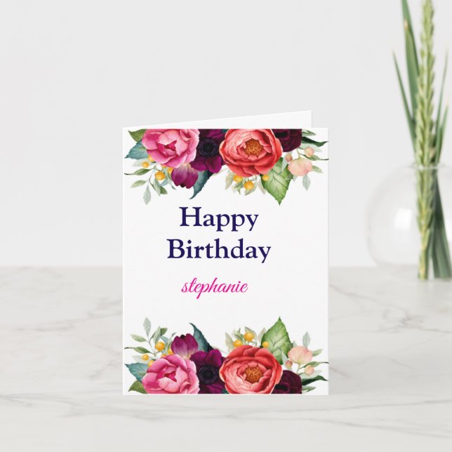Personalized Bright Coloured Pink Roses Birthday Card (Front)