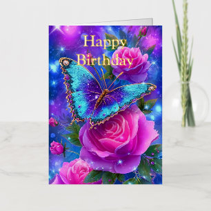 Personalized Bright Coloured Pink Roses Birthday Foil Greeting Card