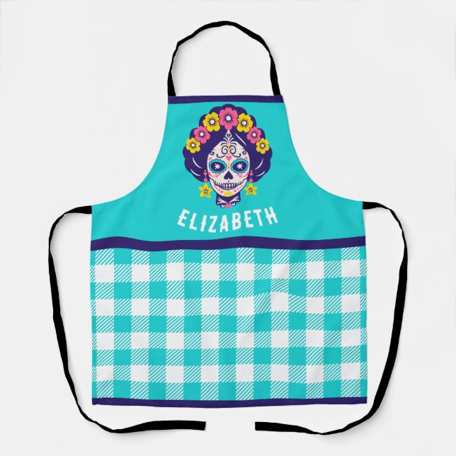 Personalized Bright Floral Sugar Skull Girl   Apron (Front)