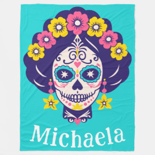 Personalized Bright Floral Sugar Skull Girl   Fleece Blanket