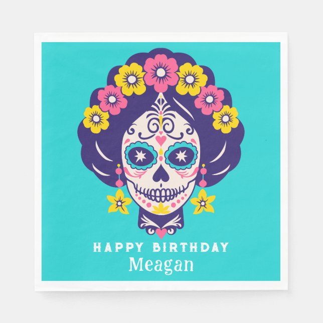 Personalized Bright Floral Sugar Skull Girl Napkin (Front)