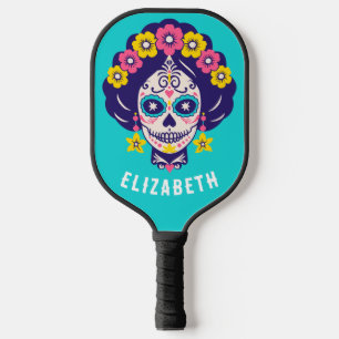 Personalized Bright Floral Sugar Skull Girl Pickleball Paddle