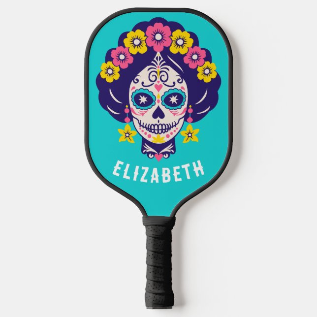 Personalized Bright Floral Sugar Skull Girl   Pickleball Paddle (Front)