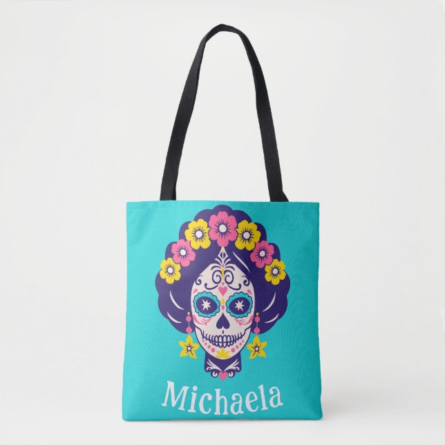 Personalized Bright Floral Sugar Skull Girl   Tote Bag (Front)