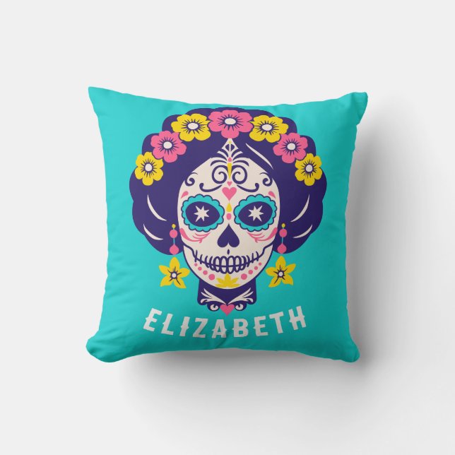 Personalized Bright Floral Sugar Skull Reversible Throw Pillow (Front)