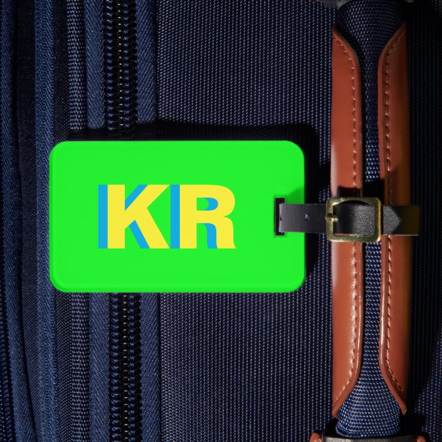 Personalized Bright Green Block Letter Monogram Luggage Tag (Front Insitu 4)