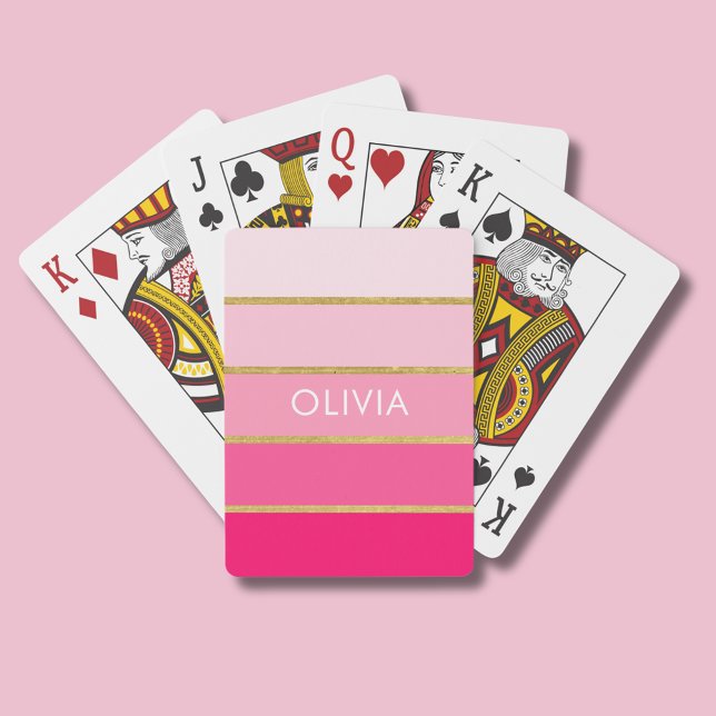 Personalized Bright Hot Pink & Gold Name Playing Cards (Pink and gold stripe personalized playing cards)