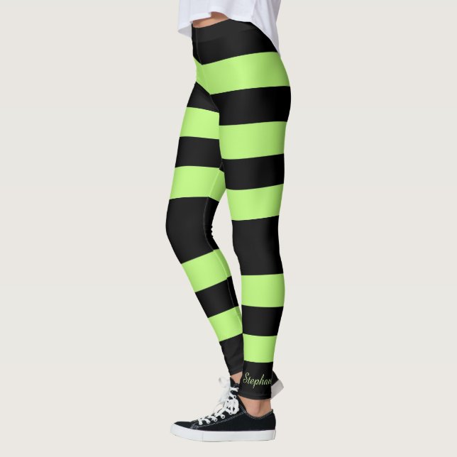 Personalized Bright Neon Green and Black Stripe Leggings (Left)