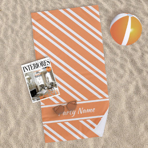 Personalized Bright Orange and White Stripes Beach Towel