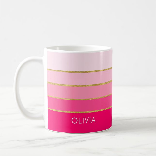 Personalized Bright Pink & Gold Name Coffee Mug (Left)