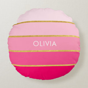 Personalized Bright Pink & Gold Name Round Pillow