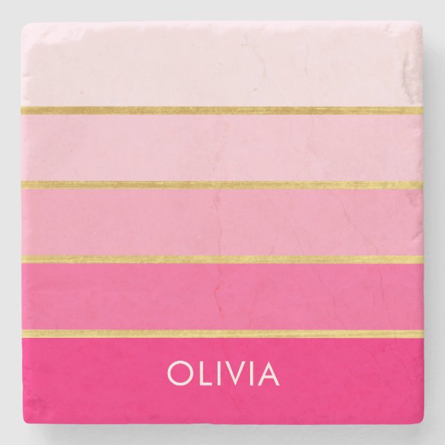 Personalized Bright Pink & Gold Name Stone Coaster (Front)