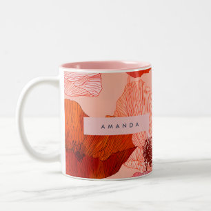 Personalized Bright Red and Peach Poppy Floral Two-Tone Coffee Mug