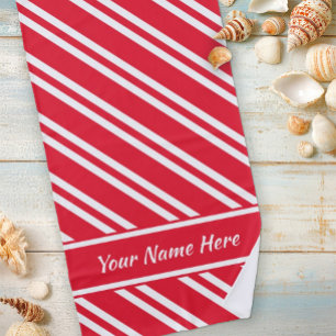 Personalized Bright Red and White Stripes Beach Towel