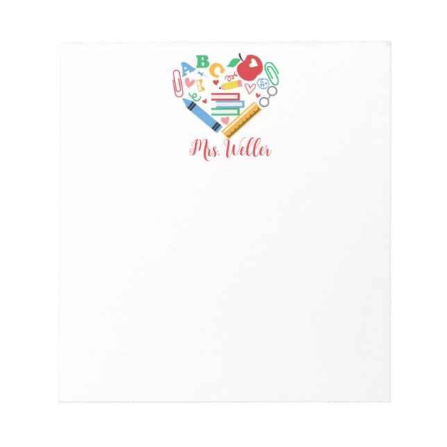 Personalized Bright School Supplies Heart Shaped Notepad (Front)
