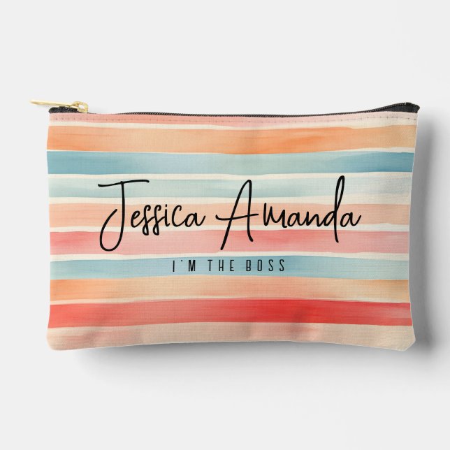 Personalized Bright Watercolor Colourful Stripe Accessory Pouch (Front)