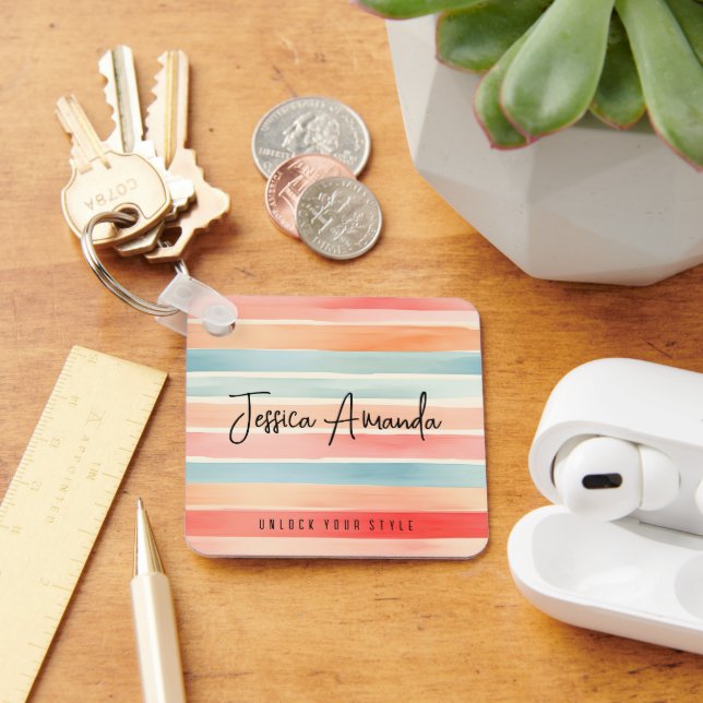 Personalized Bright Watercolor Colourful Stripe Keychain (Desk)