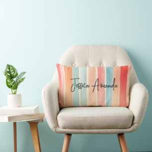 Personalized Bright Watercolor Colourful Stripe Lumbar Pillow